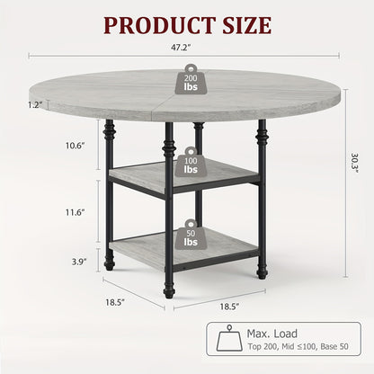 Ronde Eettafel – Dining Table – Tafel – Keukentafel – Eetkamertafel – Grijs – 2-laags Opbergruimte – Stevig Metalen Frame