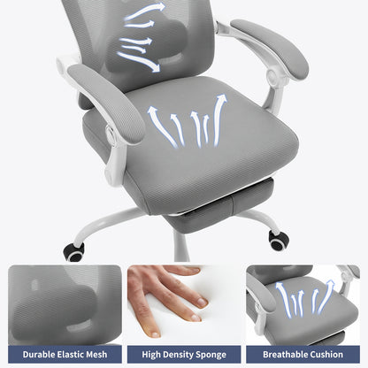 Ergonomische Bureaustoel – Bureaustoel Met Voetensteun – Kantoorstoel – Comfortabele Werkstoel – Gamestoel – Verstelbare Lendensteun – Ademend Mesh – 360° Draaibaar Met Metalen Frame – Grijs