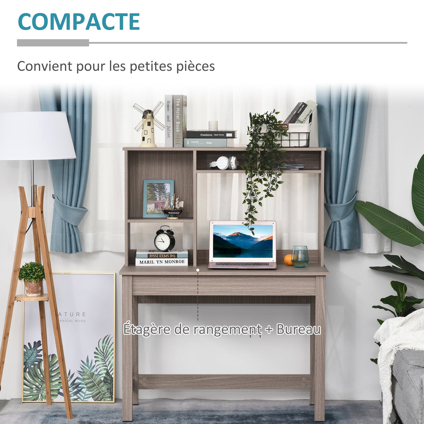 Boekenrek – Boekenkast – Opbergkast – Wandrek – Vakkenkast – 2-in-1 Bureau met Boekenkast – 105 x 50 cm Werkblad – Licht Eikenhout Met Zwart Metaal