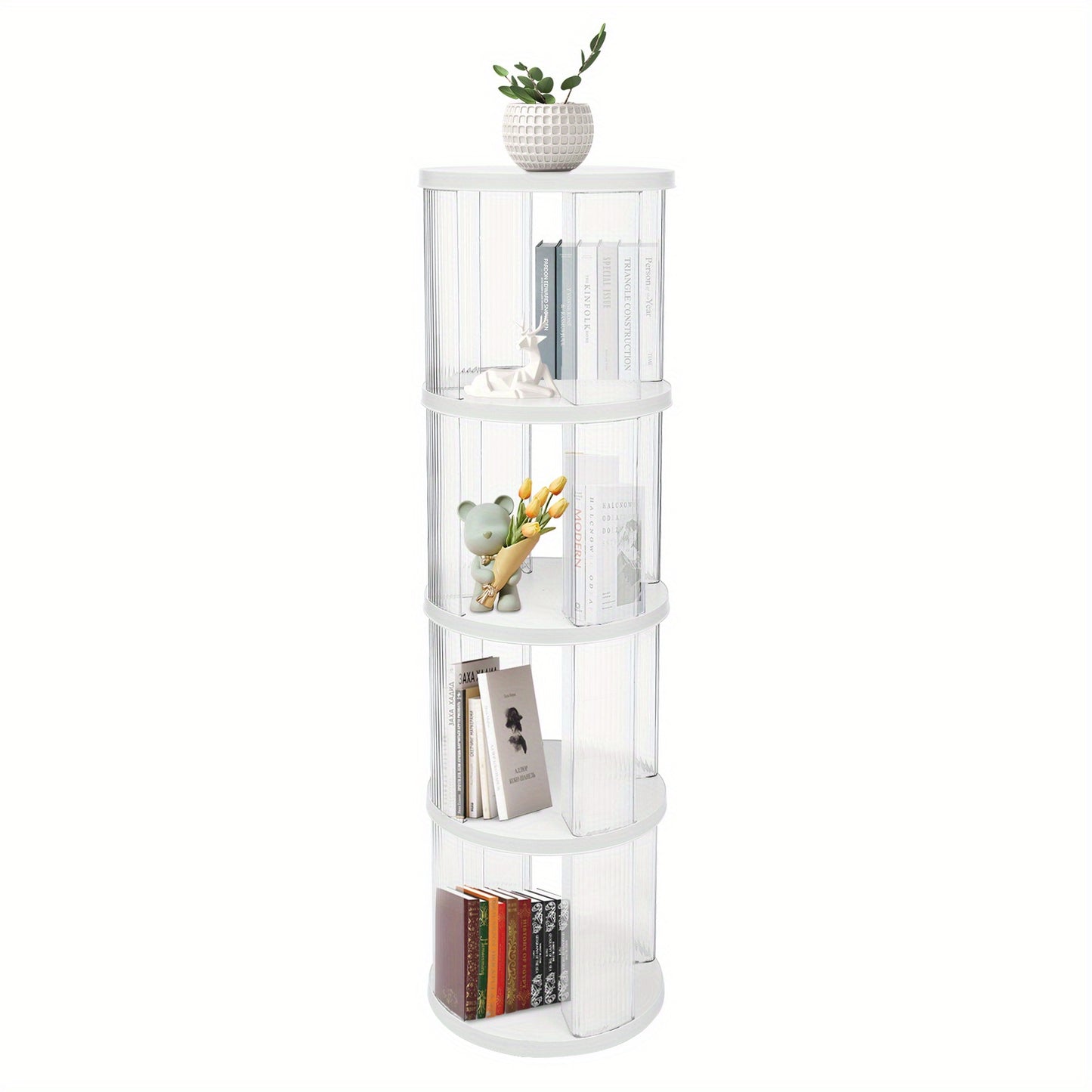 Boekenrek – Boekenkast – Boekenplank – Opbergkast – Boekenstandaard – Draaibaar 360° – Ruim 4-laags – Duurzaam ABS & PET – Compact en Stijlvol – Wit