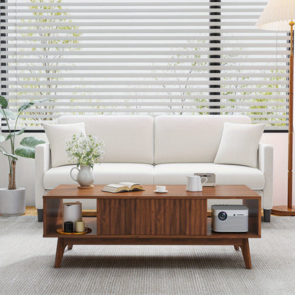 Salontafel – Woonkamertafel – Koffietafel – Tafel met Opbergruimte – Mid-Century Tafel – Notenhout Design – 2 Lades & 2 Open Vakken – Stevig MDF Metalen Poten