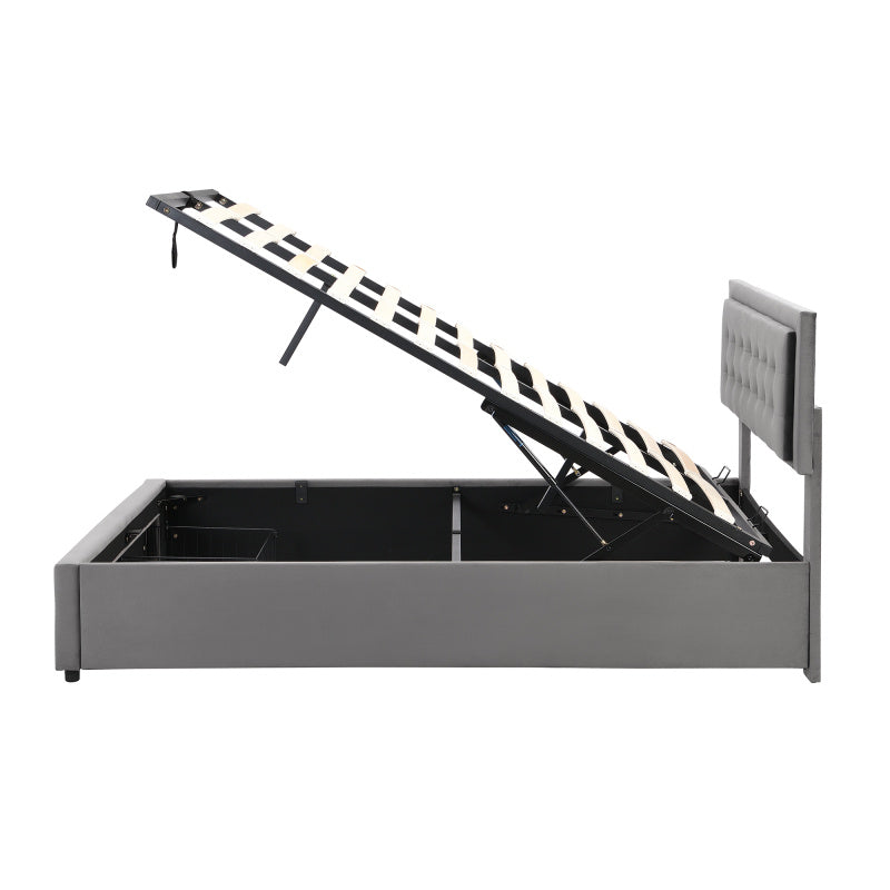 Padded Bed 140190 with Slatted Box Spring And Headboard Storage Bed Hydraulic Padded Double Bed with 2 Drawers Support for Gray Velvet Wood