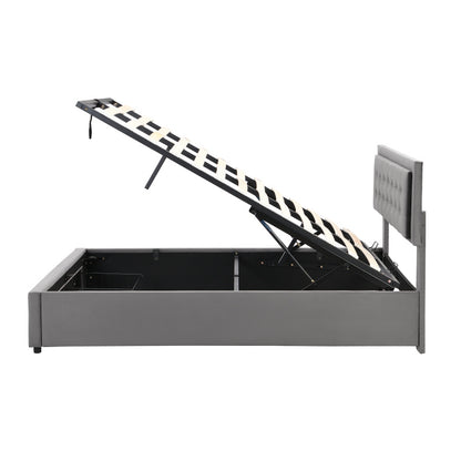 Padded Bed 140190 with Slatted Box Spring And Headboard Storage Bed Hydraulic Padded Double Bed with 2 Drawers Support for Gray Velvet Wood