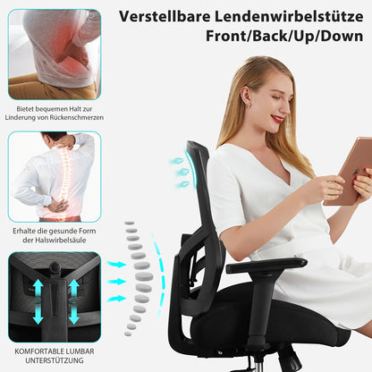 Bureaustoel – Office Chair – Computerstoel – Kantoorstoel – Ergonomische Stoel – Verstelbare Lendensteun & Armleuningen – Draagkracht 200 kg – Mesh Design Zwart