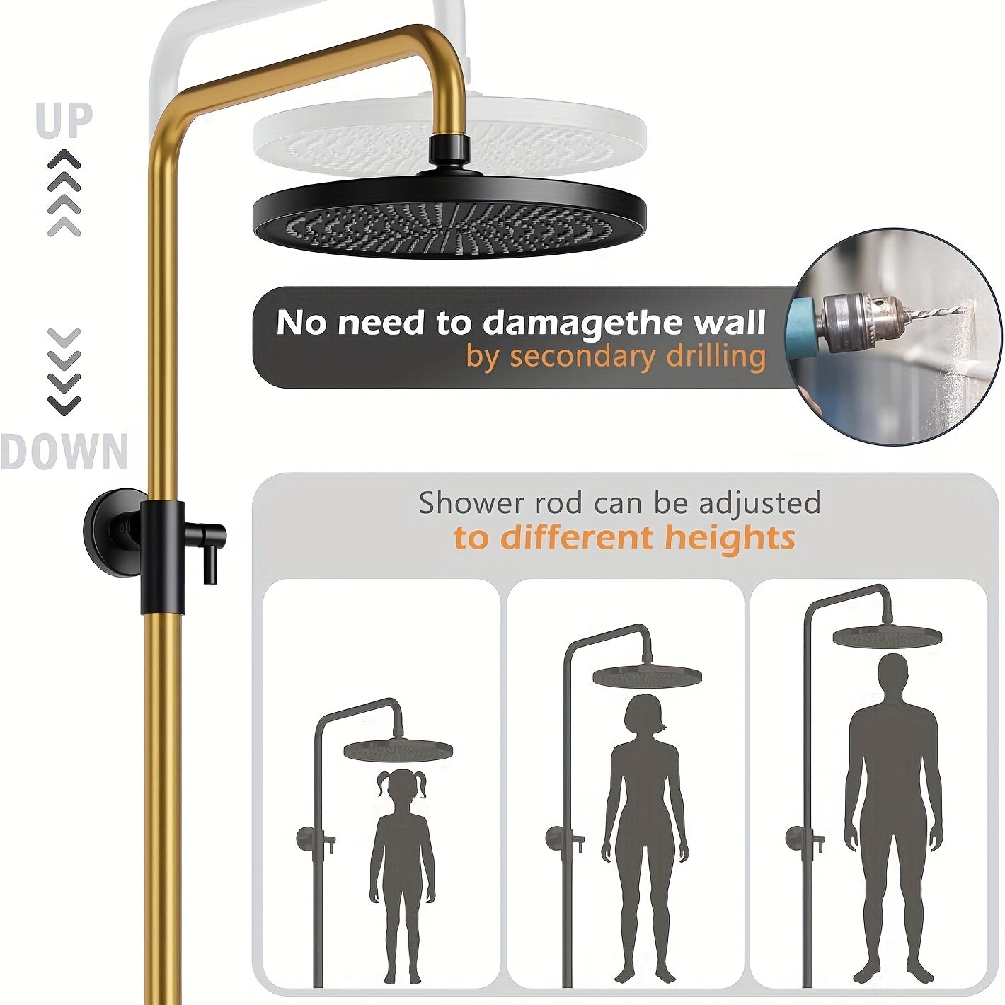 Douchekop – Handdouche – Regendouche – Handdouchekop – Douchekraan – 25 cm Diameter – Verstelbare Hoogte 98-130 cm – Ingebouwd Opbergrek
