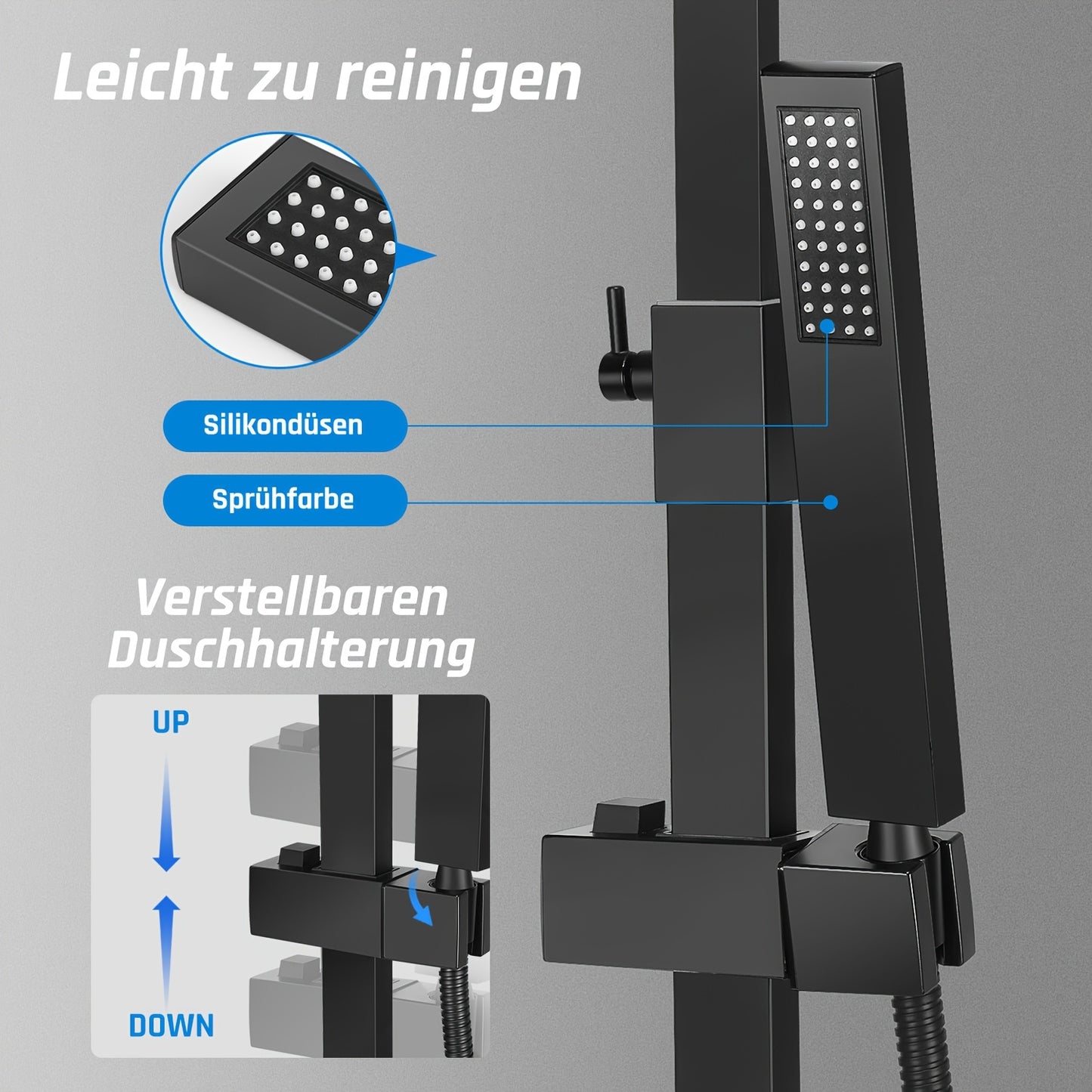Thermostatische Doucheset – Doucheset – Regendouche – Handdouche – Douchepaneel – Zwart Mat – RVS 304 & Messing – Thermostaatregeling