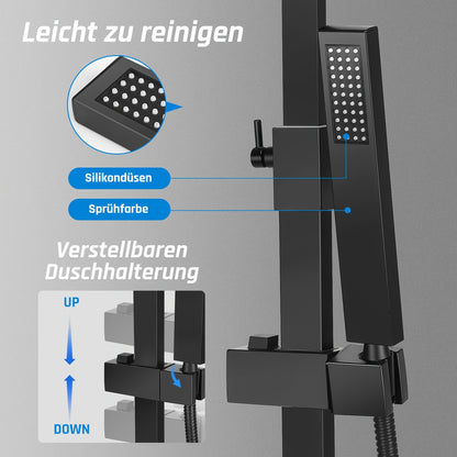 Thermostatische Doucheset – Doucheset – Regendouche – Handdouche – Douchepaneel – Zwart Mat – RVS 304 & Messing – Thermostaatregeling