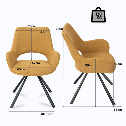 Scandinavische Stoel – Eetkamerstoel – Fauteuil – Relaxstoel – Designstoel – Gele Katoenen Bekleding – Stabiele Metalen Poten – Open Rugleuning – Set Van 2