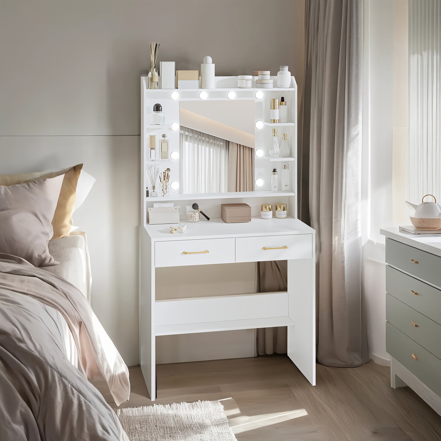 Make-up Tafel – Kaptafel – Make-up Bureau – Toilettafel – Schminktisch – Met Spiegel – 2 Laden En Planken – Verstelbare Verlichting – Wit 40x80x149 cm