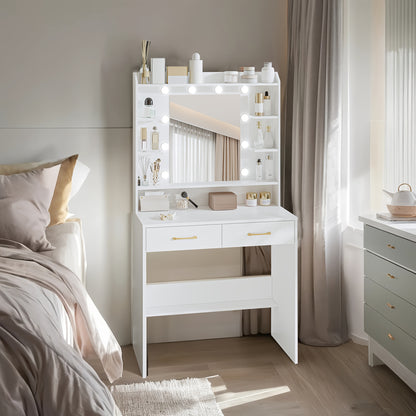 Make-up Tafel – Kaptafel – Make-up Bureau – Toilettafel – Schminktisch – Met Spiegel – 2 Laden En Planken – Verstelbare Verlichting – Wit 40x80x149 cm