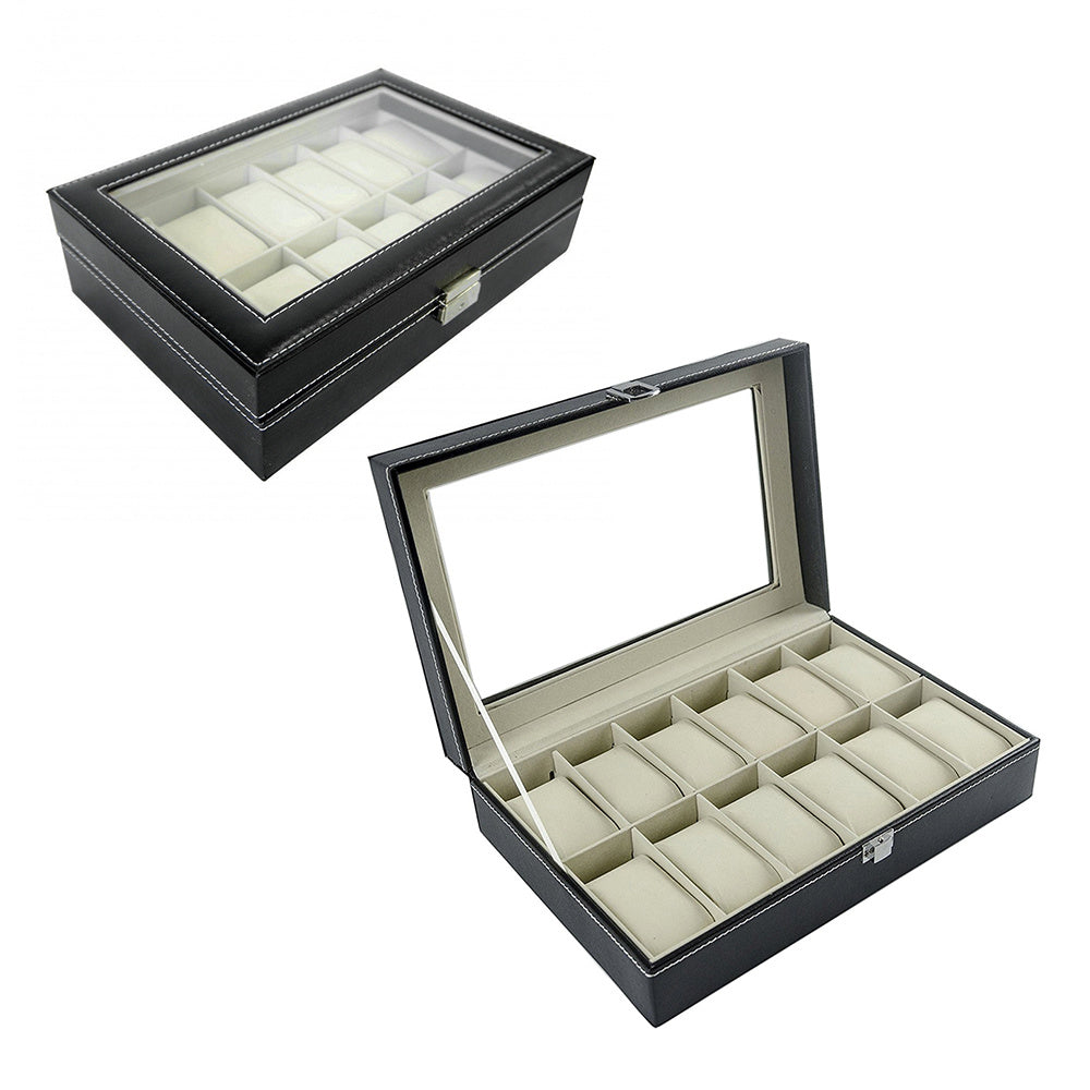 Horlogedoos – Horloge Opbergdoos – Horlogebox – Sieradendoos – Watch Box – 12 Vakken – PU Leer – Zachte Voering – Veilig Sluitclip – Zwart Buitenwerk – Beige Binnenkant