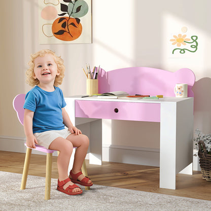 Kinderbureauset – Bureautje Kind – Schrijf- & Knutseltafel – Kinderbureau Roze – Bureaustoel Kind – Met Lade – Schattig Berenontwerp – Geschikt Voor 3-8 Jaar