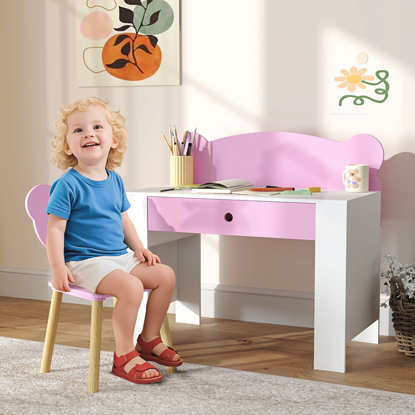 Bureau Kinderen – Kinderbureau – Schrijftafel – Speelbureau – Werkplek Kinderkamer – Inclusief Stoel – Veilig Met Lade – Beerprint Roze