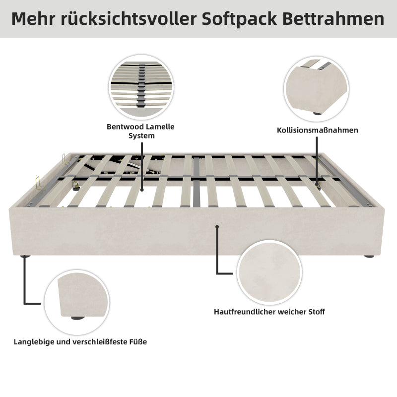 Bedframe – Bedombouw – Slaapbank – Platformbed – Ledikant – Modern Minimalistisch – Beige Velvet Bekleding – Gaslift Opbergruimte
