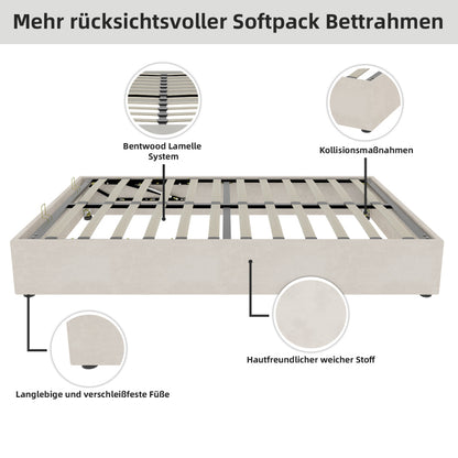 Bedframe – Bedombouw – Slaapbank – Platformbed – Ledikant – Modern Minimalistisch – Beige Velvet Bekleding – Gaslift Opbergruimte
