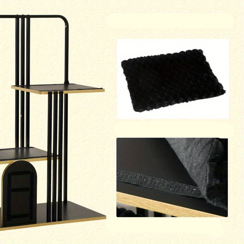 Krabpaal – Kattenboom – Kattenmeubel – Krabmeubel – Kattenhuis – Zwart Staal – 128 cm Hoog – Pluche Kussen – Dubbele Platformen – Inclusief Hangend Speeltje