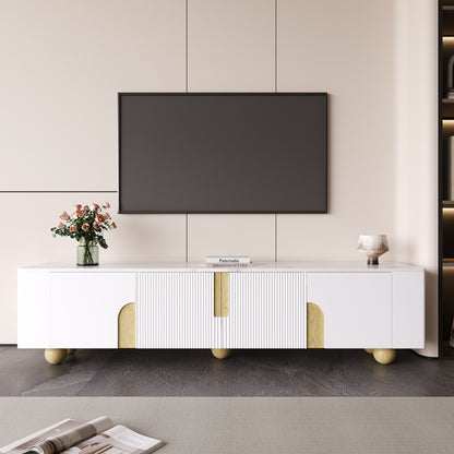 TV-meubel – Tv-kast – Tv-meubelkast – Mediameubel – Dressoir – Wit met houtaccent – 180 cm breed – Marmerlook bovenblad – Vier deuren – Massief houten poten