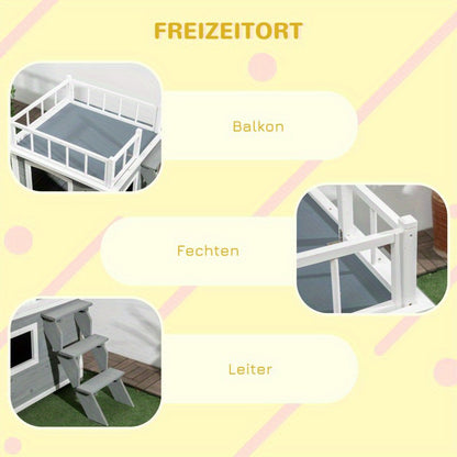 Hondenhok – Hondenhuis – Hondenmand – Hondenverblijf – Huisdierhut – Met Balkon en Trap – Waterbestendig Vurenhout – Ruime Ventilatie – Lichtgrijs