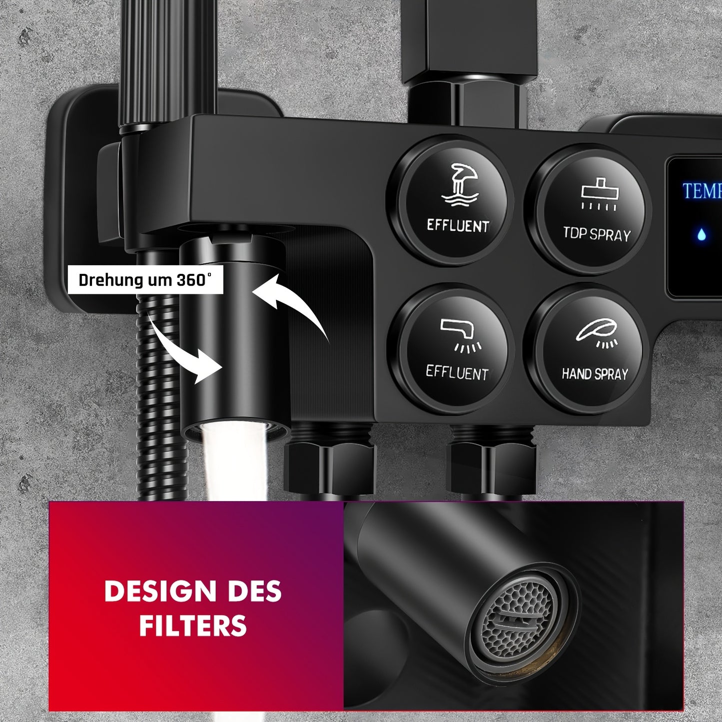 Kehot Contemporary Wall-Mounted Shower and Handheld Shower Combo with Digital Temperature Control - 38°C, 1 Minute Timer, 28 Kg Capacity, Black, No Electricity Needed, Modern Bathroom Accessories, Highquality Finish