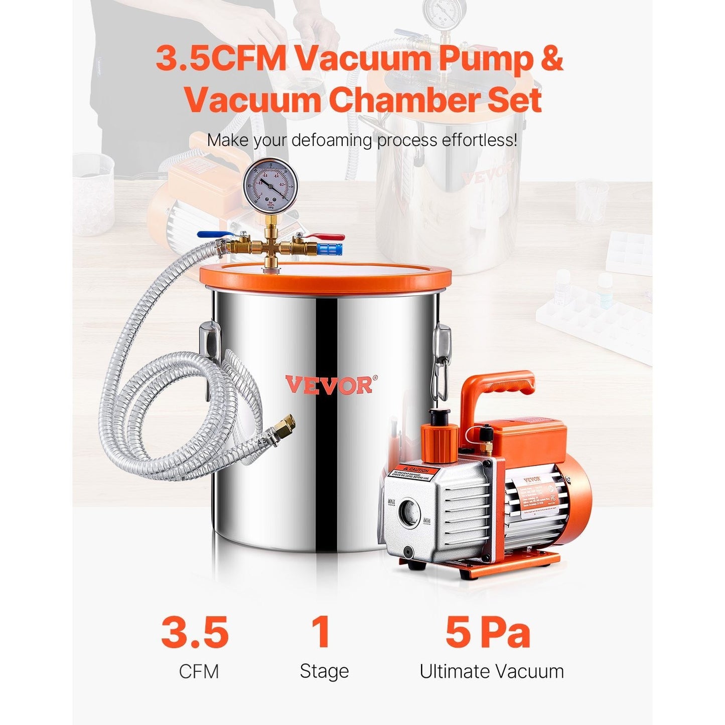Vacuum Kamer – Vacuümkamer – Ontgassingskamer – Hars Kamer – Resin Ontluchter – 5 Gallon – Roestvrij Staal – Krachtige 3.5 CFM Vacuümpomp