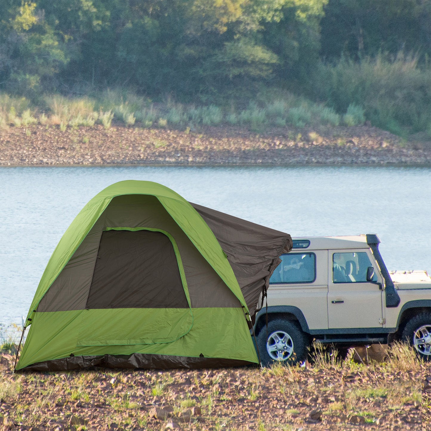 Groene Tent – Kampeertent – Reistent – Autotent – Buitentent – 4-5 Persoons – Stevig Polyester & Lichtgewicht Glasvezel Frame – Ruime Stahoogte 230 cm