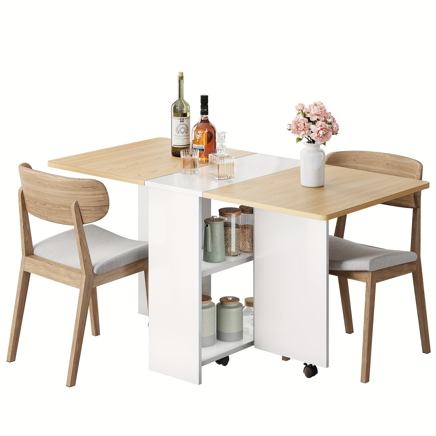 Opvouwbaar bureau – Computerbureau – Schrijftafel – Kantoorbureau – Inklapbare tafel – Licht hout met wit – 6 zwenkwieltjes – 2-laagse opbergruimte – Ruimtebesparend 120x60x75 cm