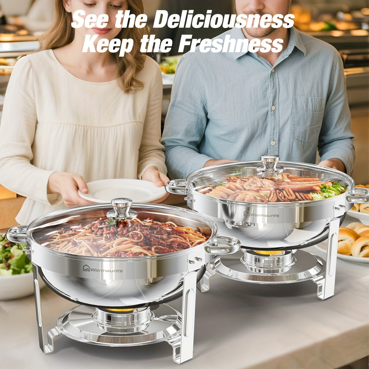 Buffetwarmerset – Chafing Dish – Warmhoudpan – Serveringspan – Cateringpan – 4-delig – Roestvrij Staal – 5 Liter Inhoud – Glazen Deksel Met Houder