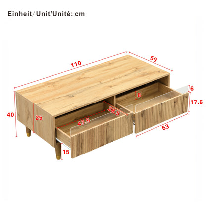 Modern Coffee Table with Wavy Drawer Top & Golden Wood-Legged Design - 2-Drawer Storage, Sturdy Metal Frame, Easy Assembly, No Power Needed for Living Room, Bedroom, Office - Contemporary Style, Coffee Table for Living Room,