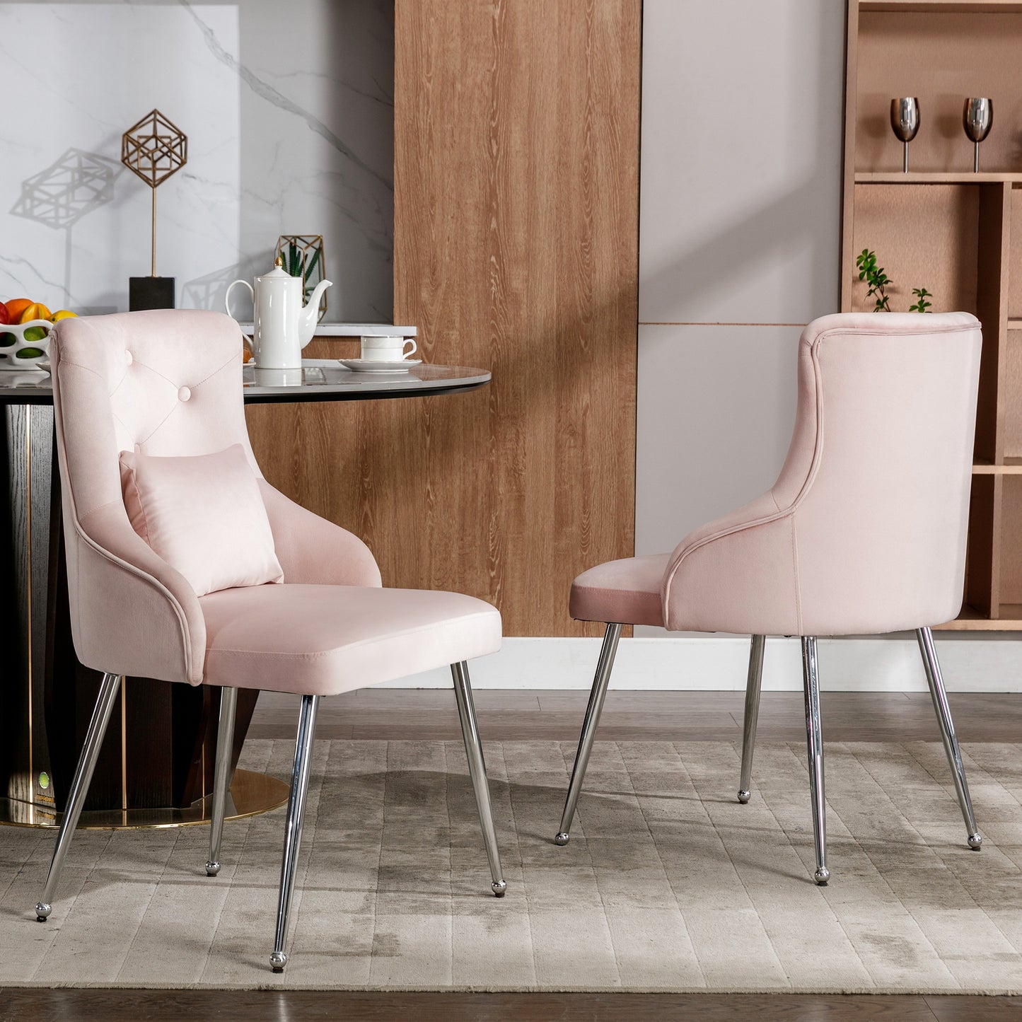 Eetkamerstoel – Stoel – Kuipstoel – Eettafelstoel – Zetel – Set van 4 – Metalen Frame – Inclusief Lumbar Kussen – Pastelroze Velvet – Open Rugleuning – Geschikt voor Harde Vloeren
