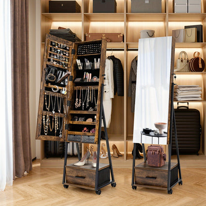Sieradenkast – Sieradenkist – Jewelry Armoire – Sieradenhouder – Sieradendoos – Met Slot – Volledige Spiegel – Grote Opbergruimte – Mobiel Op Wielen – Hout Kleur Koffie