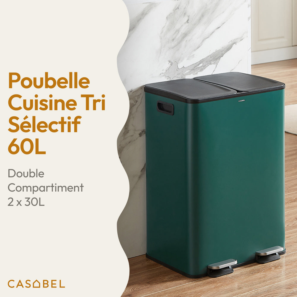 60L Afvalbak Keuken – Vuilnisbak – Prullenbak – Afvalemmer – Afvalcontainer – RVS Geborsteld – Dubbele Compartimenten 2x30L – Anti-Odour Met Pedaal