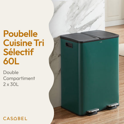 60L Afvalbak Keuken – Vuilnisbak – Prullenbak – Afvalemmer – Afvalcontainer – RVS Geborsteld – Dubbele Compartimenten 2x30L – Anti-Odour Met Pedaal