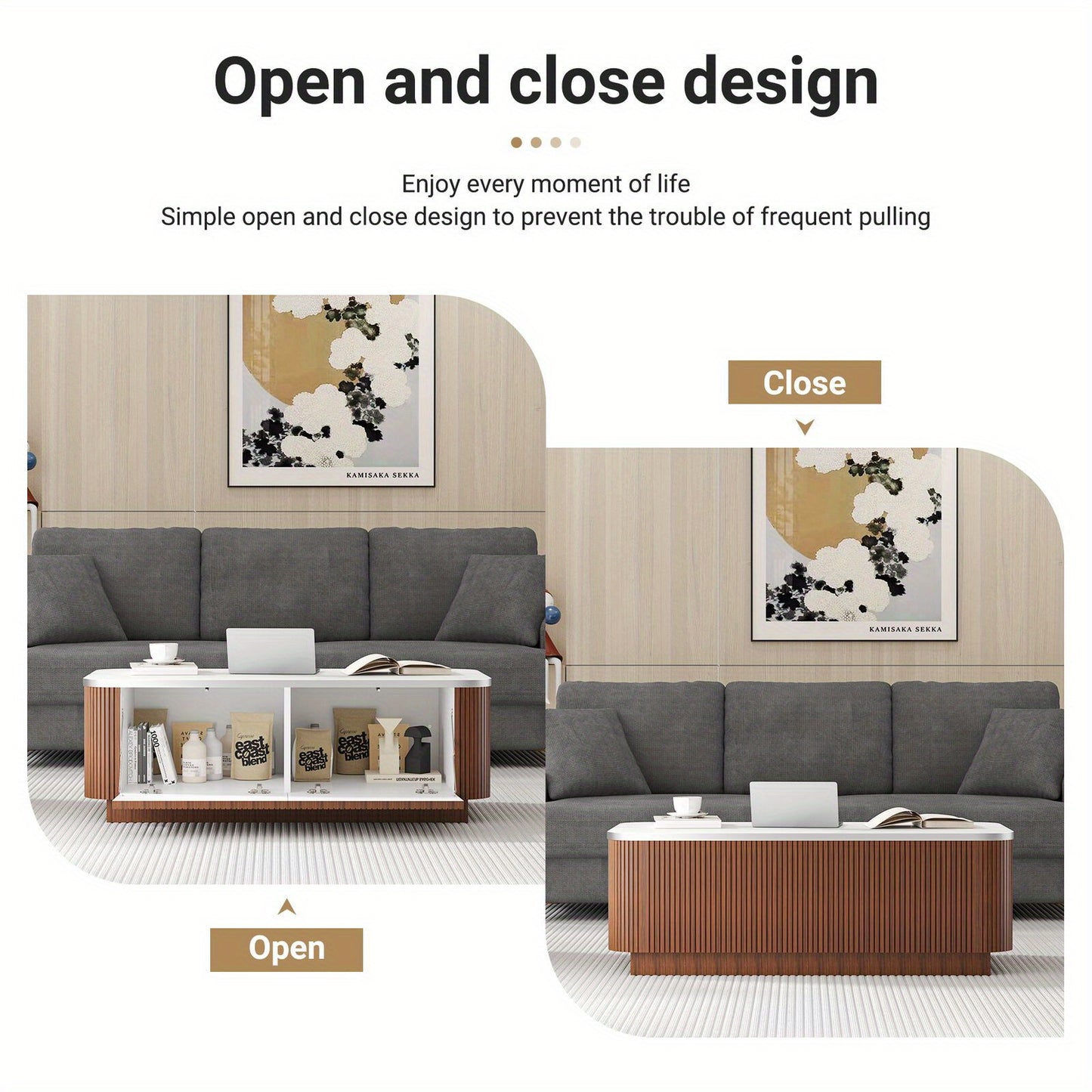 Salontafel – Koffietafel – Tafel – Opbergtafel – Woonkamertafel – Walnootafwerking – Push-to-Open Deuren – Ruime Opbergruimte – Mid Century Modern Design
