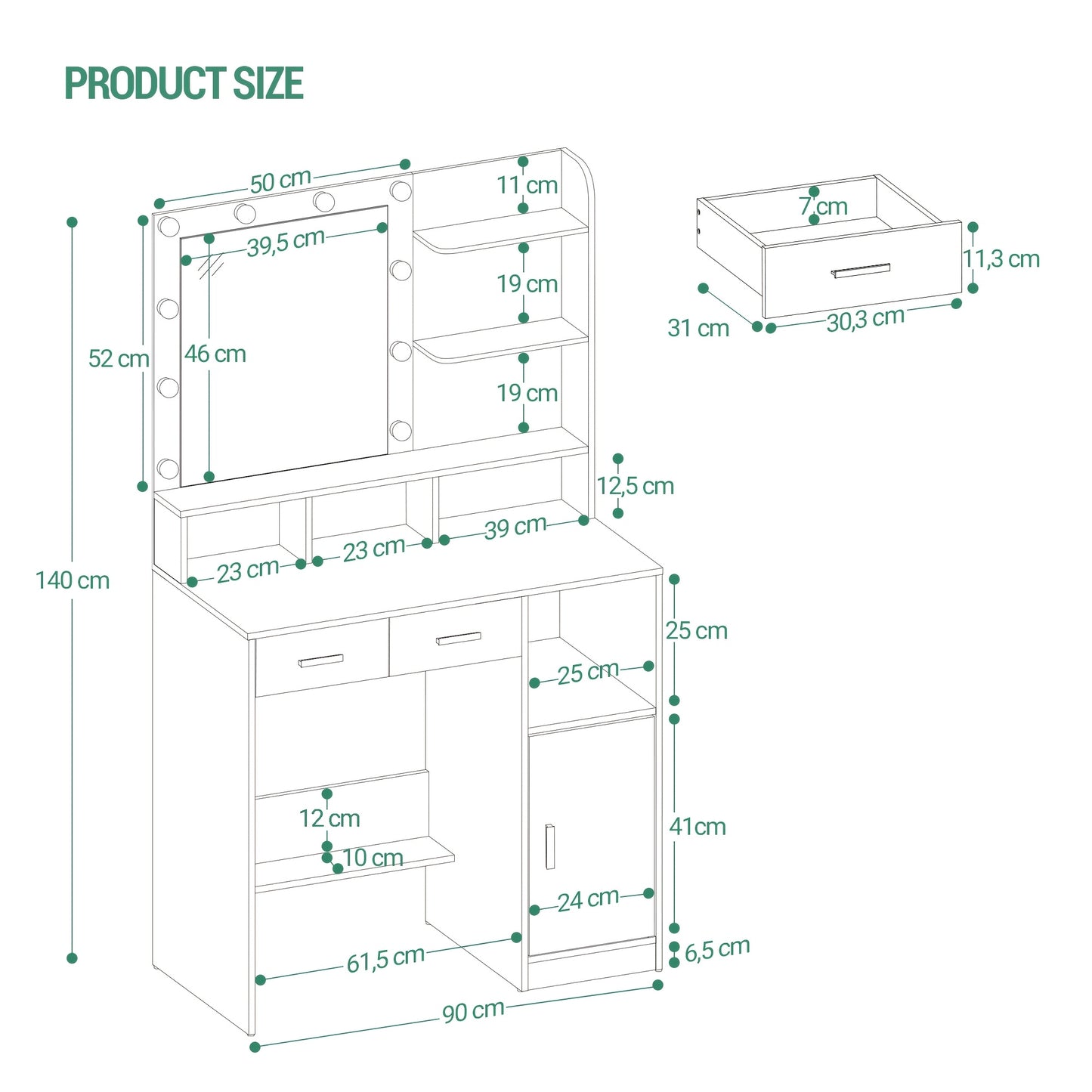 Make-up Tafel – Kaptafel – Schminktisch – Dressing Table – Vanity Table – Verstelbare LED Verlichting – 102x40x145 cm – Mat Zwart – 2 Lades en Kastje – 3 Planken en 4 Open Vakken