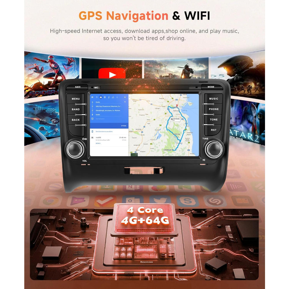 PODOFO [4+64G] Android 15 7-inch for Audi TT MK2 8J 2006-2014, Wireless Carplay/Android Auto, Android EQ AI DSP/GPS/WiFi/BT5.0/FM/Mirror Link+Backup Camera+Mic, A Perfect Gift for Dad and Drivers, Merry Christmas Gifts, Black