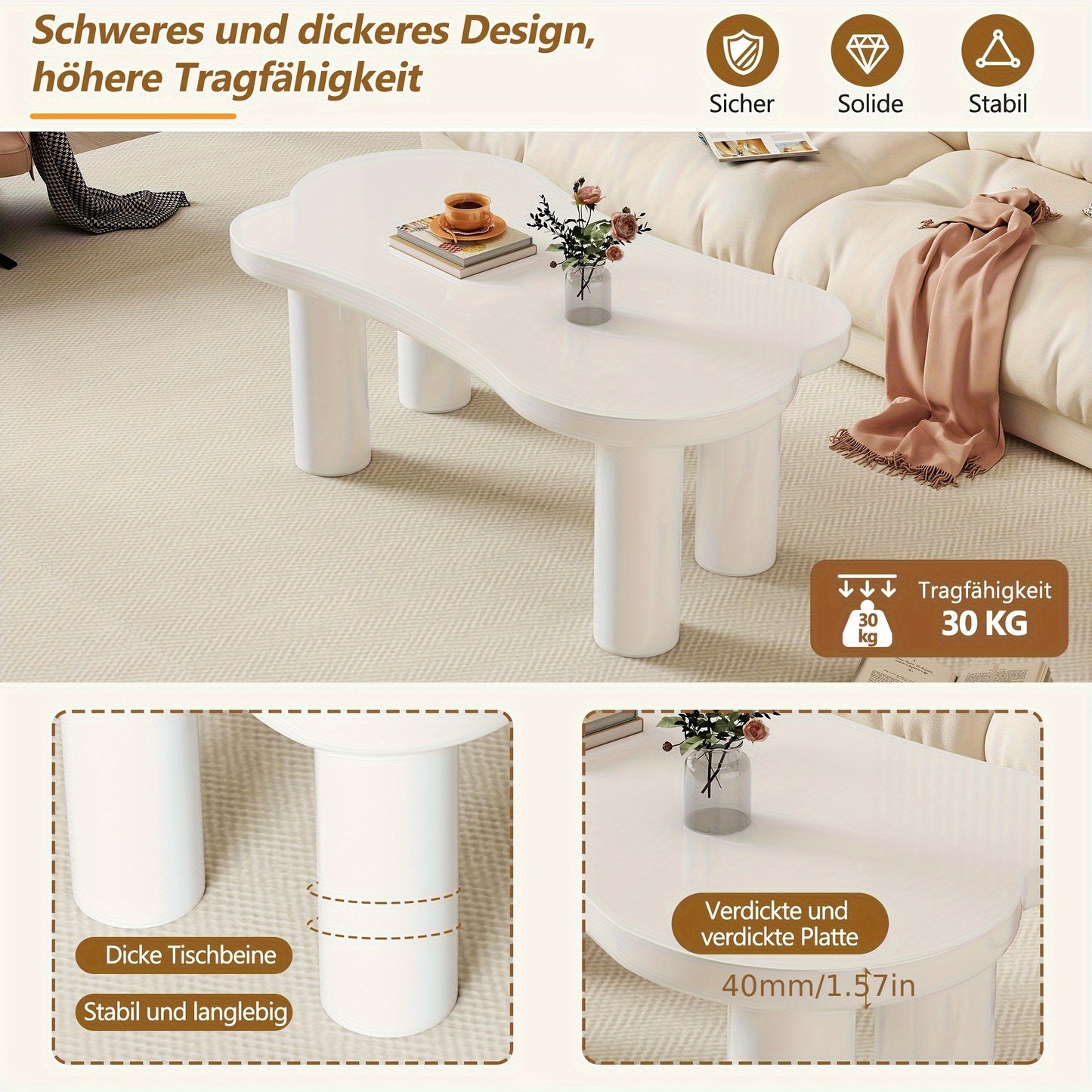 Salontafel Botvormig – Bijzettafel – Koffietafel – Woonkamer Tafel – Wit – MDF Tafelblad – Hardhouten Poten Met PVC Coating