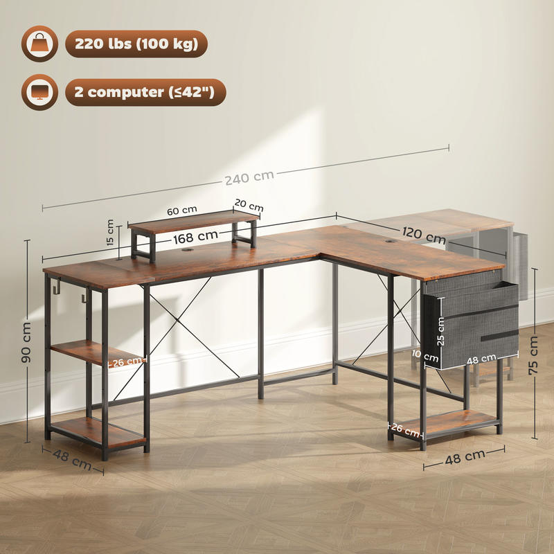 L-Shaped Desk with Adjustable Shelves & Storage Bag, Monitor Stand - Heavy-Duty Hardwood Construction, Space-Saving Curved Design with Sturdy A-Frame Base, Easy Assembly Modern Home Office Desk for Dual Monitor Setup, Space-S