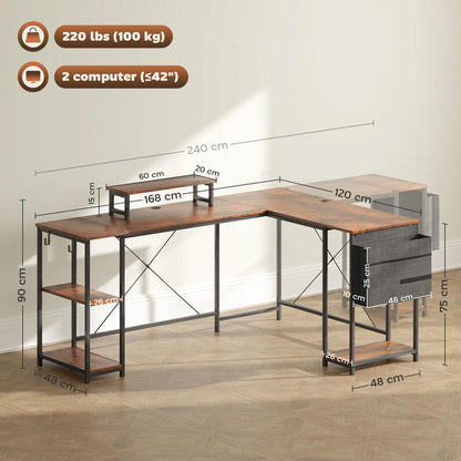 L-Shaped Desk with Adjustable Shelves & Storage Bag, Monitor Stand - Heavy-Duty Hardwood Construction, Space-Saving Curved Design with Sturdy A-Frame Base, Easy Assembly Modern Home Office Desk for Dual Monitor Setup, Space-S