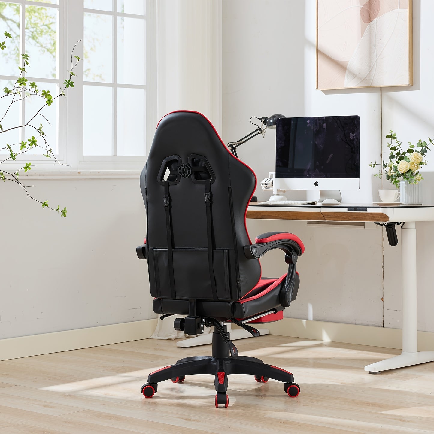 Gamingstoel – Gamestoel – Gaming Chair – Game Stoel – Bureaustoel – Ergonomisch – Echt Leer – 360° Draaibaar – Verstelbare Hoogte en Voetsteun – Rood/Zwart