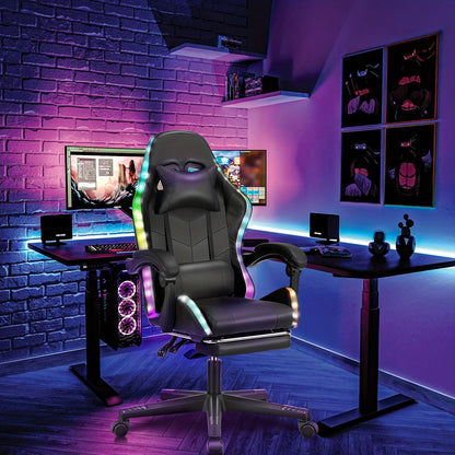 Black RGB Gaming Chair with Linkage Armrests, Foldable Base, Adjustable Height, Reclining Backrest, Footrest Support, Wooden Board Frame & Shaped Foam Cushion, Durable Nylon Base