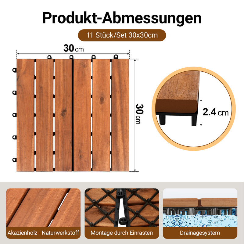 Terras Tegels – Vlondertegels – Balkon Tegels – Houten Tegels – Tuintegels – 30x30 cm – Acaciahout Bruin – Klik Systeem – Set 11 Stuks (6 Slats)