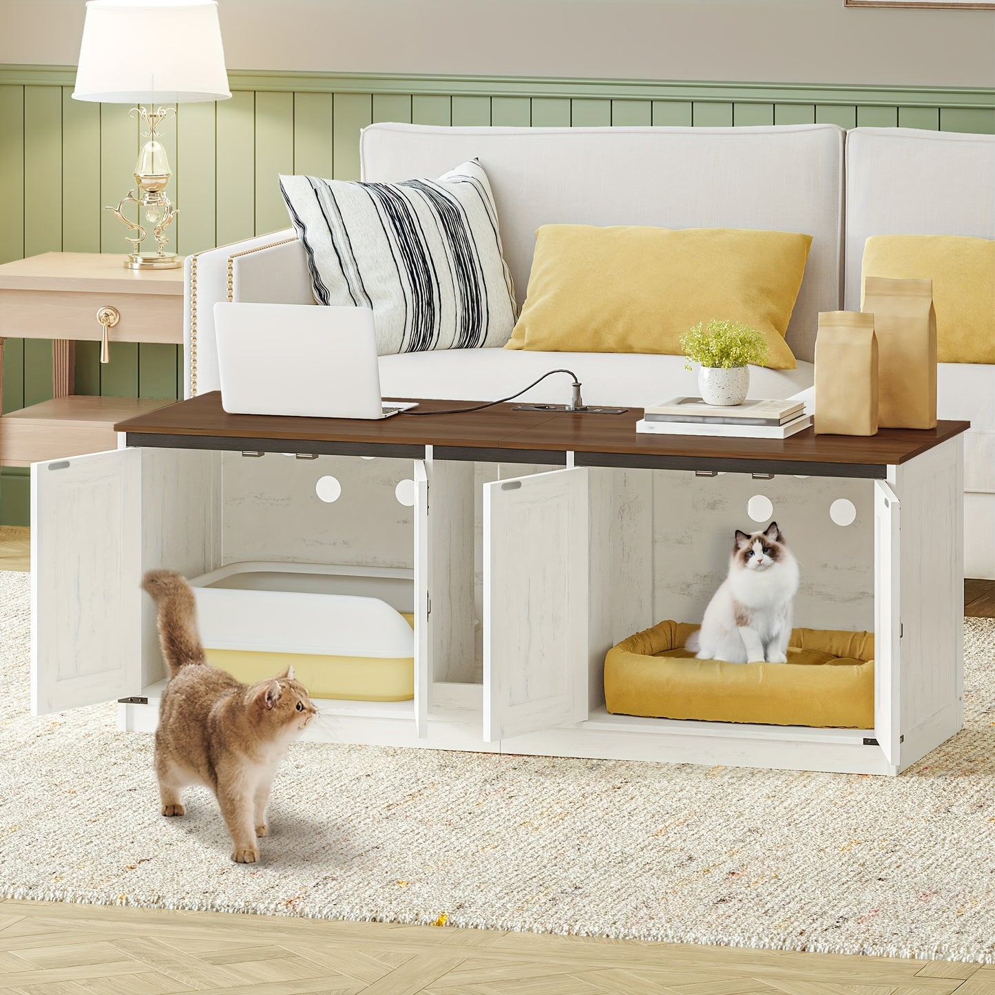 Cat Cabinet With USB Ports And Sockets, Cat Litter Box Cabinet, 140 Cm Hidden Cat Litter Box For 2 Cats, Indoor Cat House With Cat Bell, Brown-White