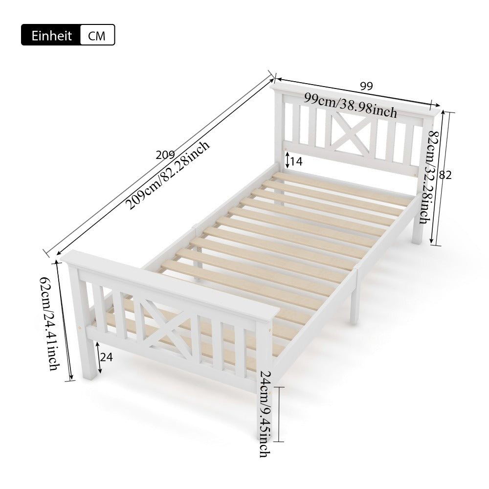 Bedkast – Bedframe – Nachtkastje – Opbergkast – Slaapkamermeubel – Stevig Dennehouten Bed – Ingebouwde Lades – X-Vorm Hoofdbord – Inclusief Matras – 140x200 cm