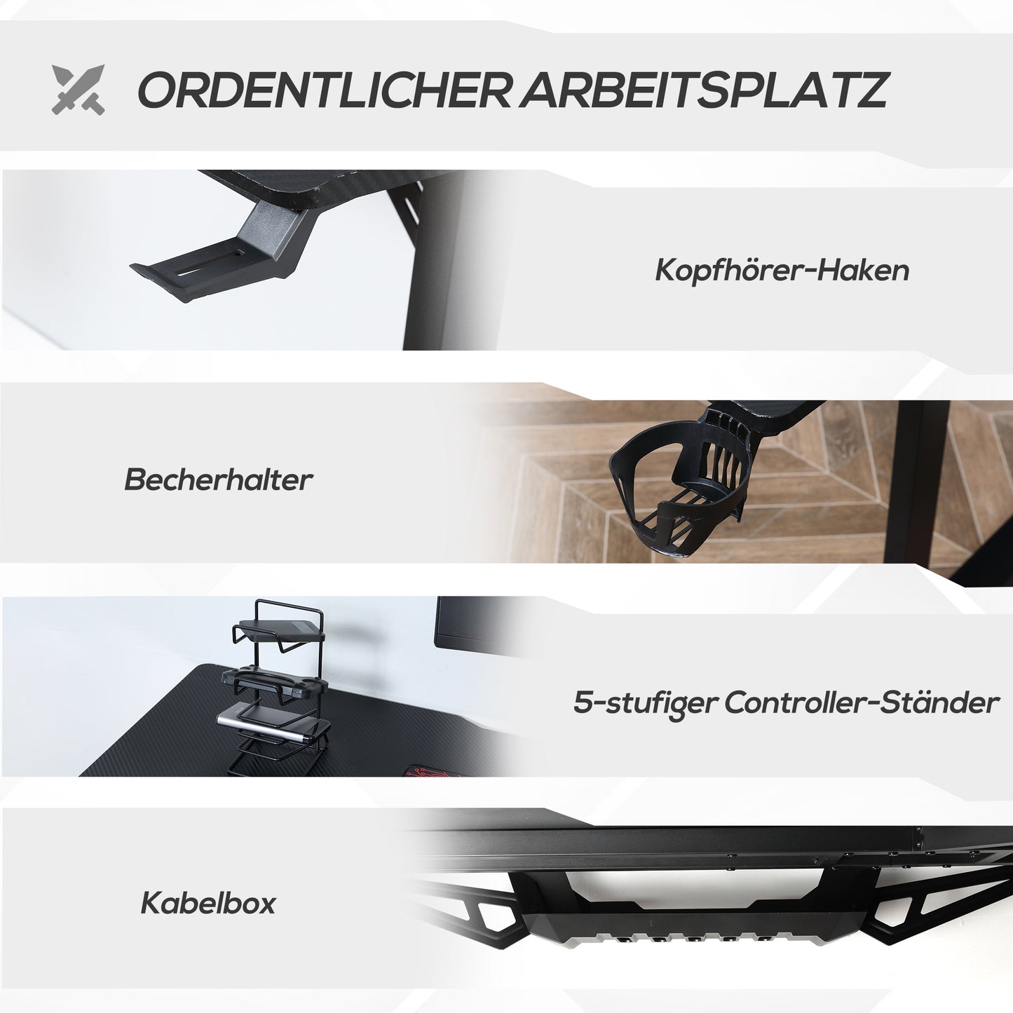 Gaming Bureau – Game Bureau – Gaming Desk – Computerbureau – Bureautafel – Hoekbureau – Zwart Met Rode Accenten – MDF Met Metaal – Koptelefoonhaak En Bekerhouder
