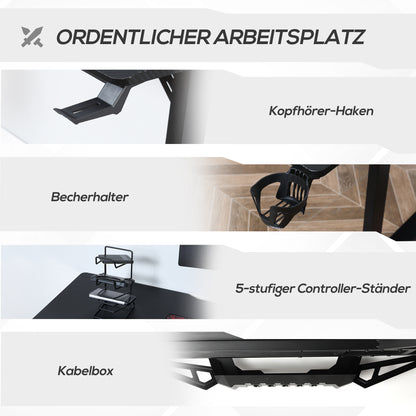 Gaming Bureau – Game Bureau – Gaming Desk – Computerbureau – Bureautafel – Hoekbureau – Zwart Met Rode Accenten – MDF Met Metaal – Koptelefoonhaak En Bekerhouder