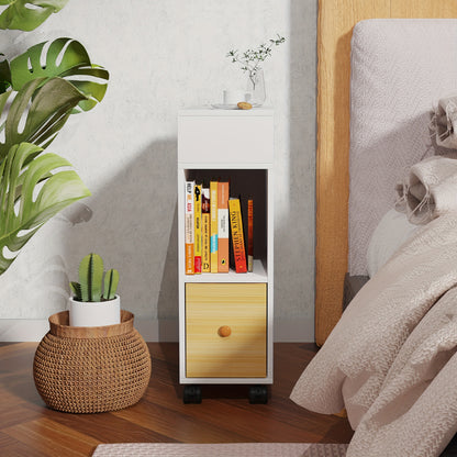 Nachtkastje – Bijzettafel – Ladekastje – Opbergkastje – Smal Tafeltje – Set van 2 – Met Lade en Open Plank – Met Wieltjes – 50x25x70 cm – Hout en MDF