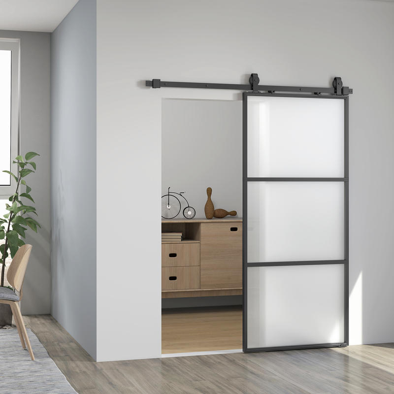Schuifdeur – Schuifdeursysteem – Binnendeur – Kastenpaneel – Ruimtescheider – Matglas Privacy – Soft-Close Mechanisme – Stalen Zwart Frame – Eenvoudige Montage – Ruimtebesparend Design