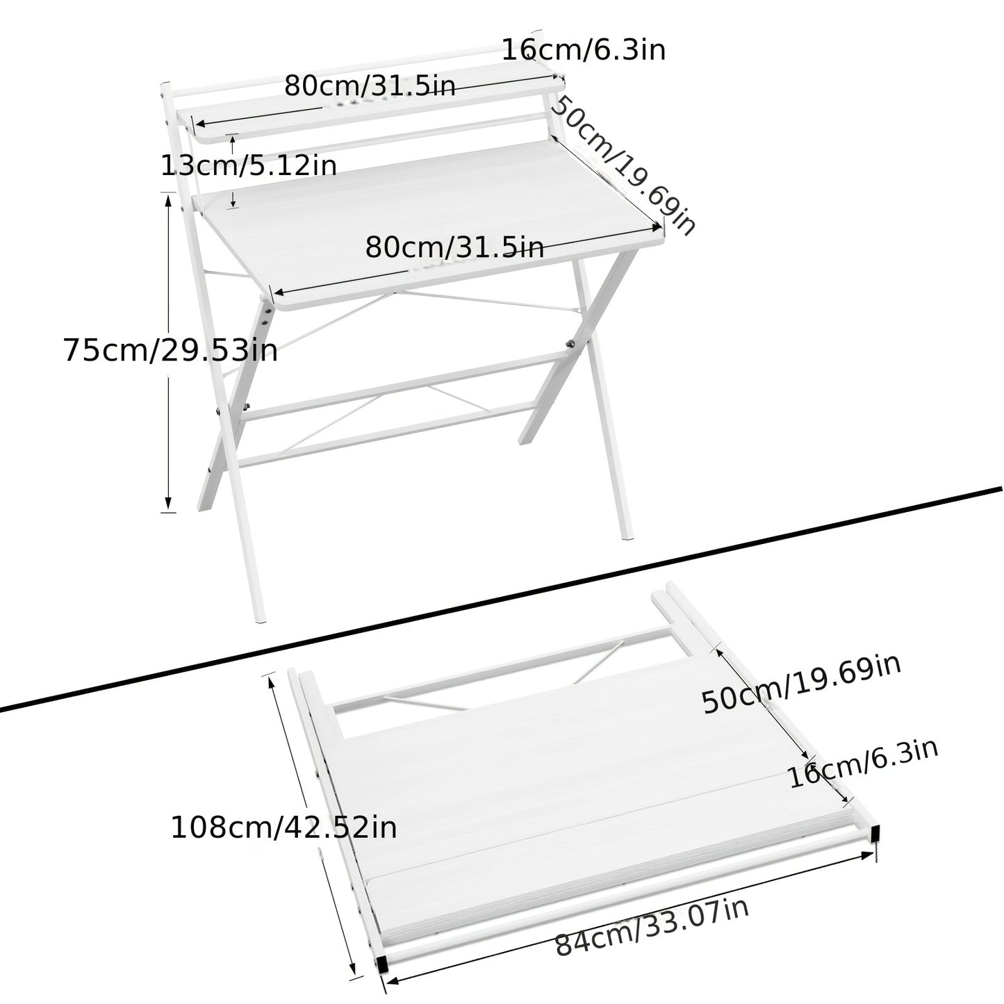2-laags bureau – houten tafel – schrijftafel – werktafel – studeertafel – wit – compact ontwerp – stevig stalen frame
