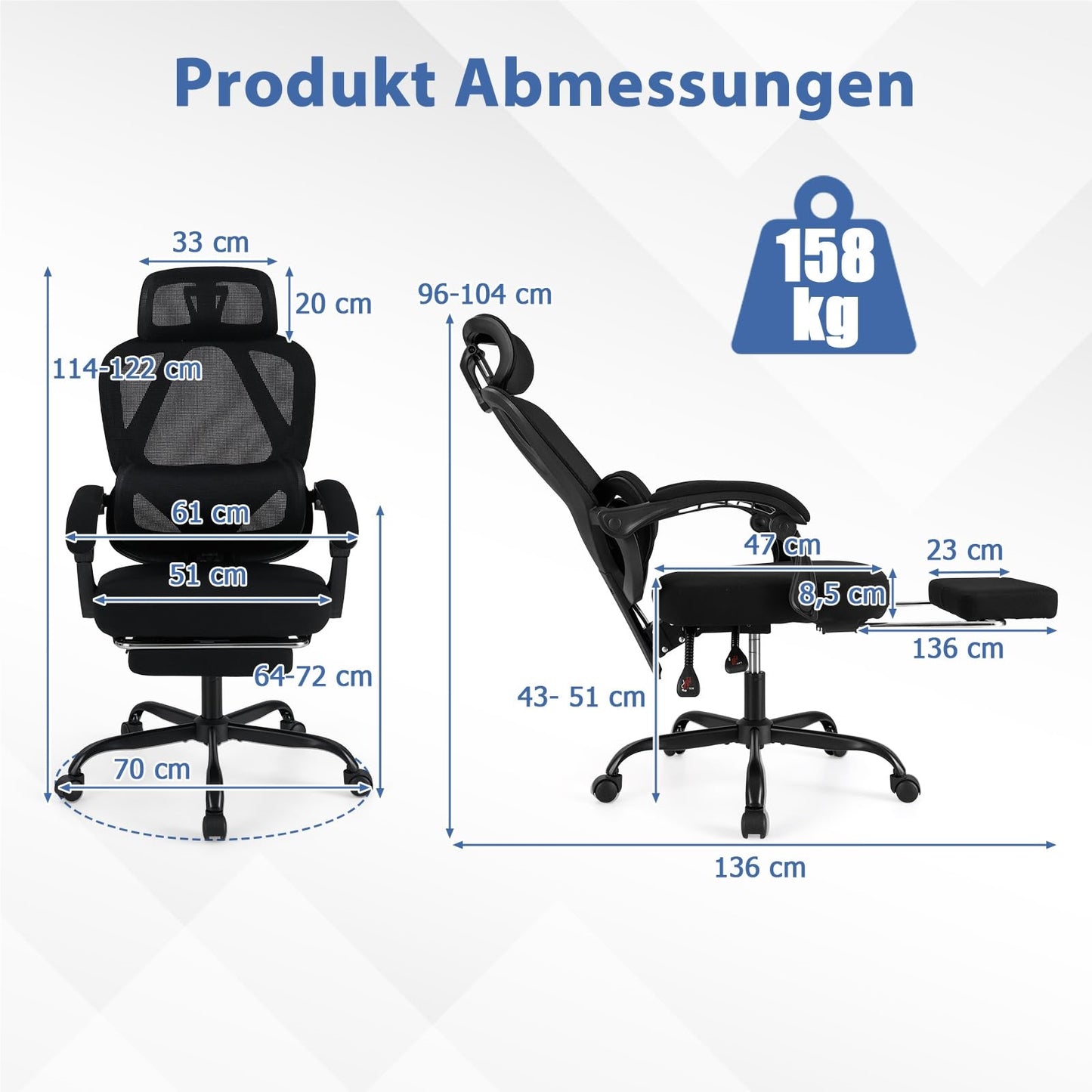 Ergonomische Bureaustoel – Bureaustoel – Werkstoel – Computestoel – Draaistoel – Uitschuifbare Voetsteun – Verstelbare Rugleuning & Hoofdkussen – Ademend Mesh Materiaal