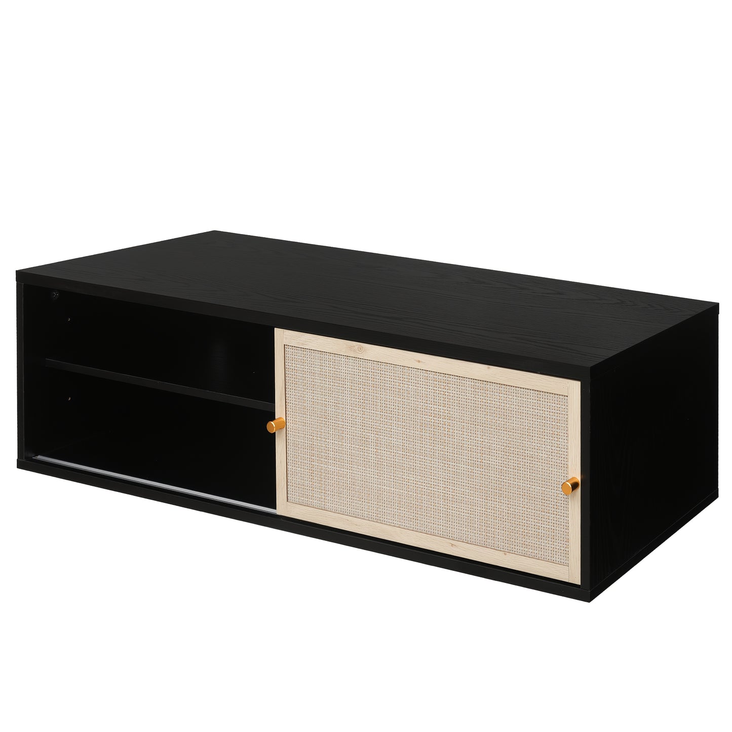 Zwart Wandkastje – Wandrek – Opbergkast – Muurkast – Kast Met Schuifdeuren – Geweven Rattan – 110 cm Lang – Hardhout